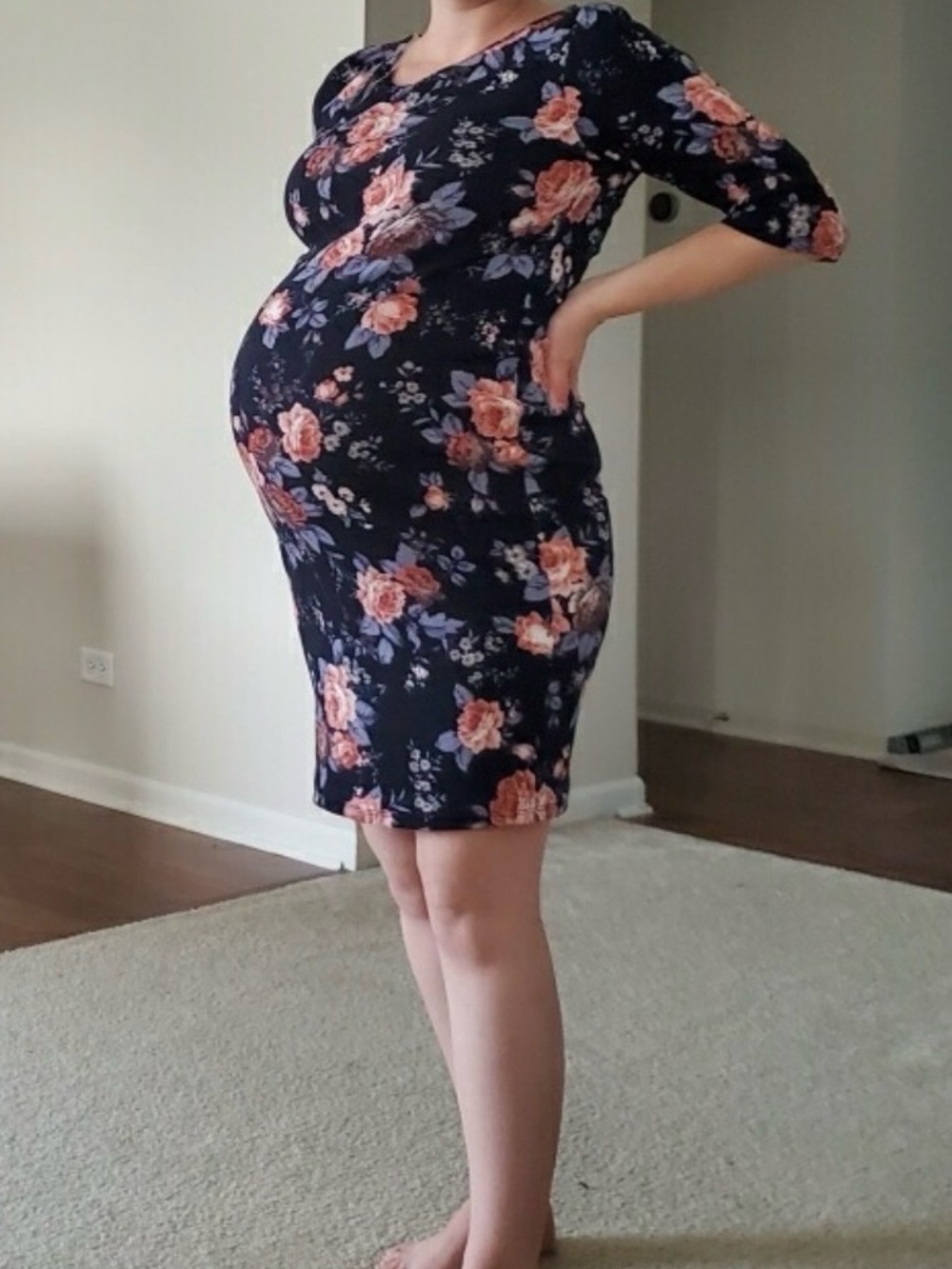 EUC Pinkblush Navy Floral Maternity Dress, 2/3-Sleeves